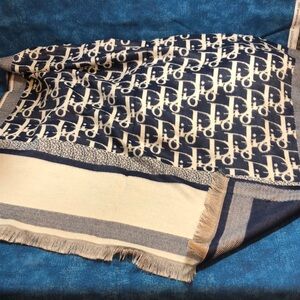 Ladies shawl, navy/cream, measures 72 x 26.6”